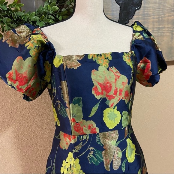NWOT Lulus So Stunning Navy Blue Floral Jacquard Puff Sleeve Mini Dress - Picture 8 of 11